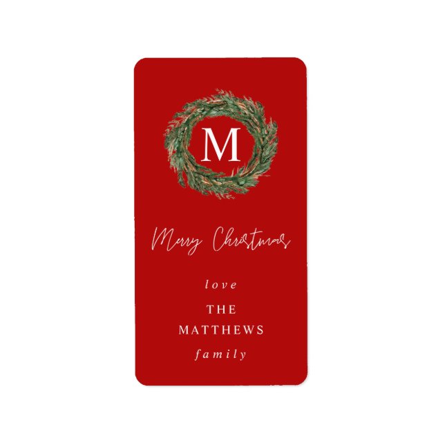 Red 2 & Wreath Monogram Merry Christmas Label (Front)