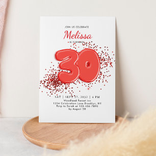 Red 30th Balloons Confetti Adult Birthday Invitation
