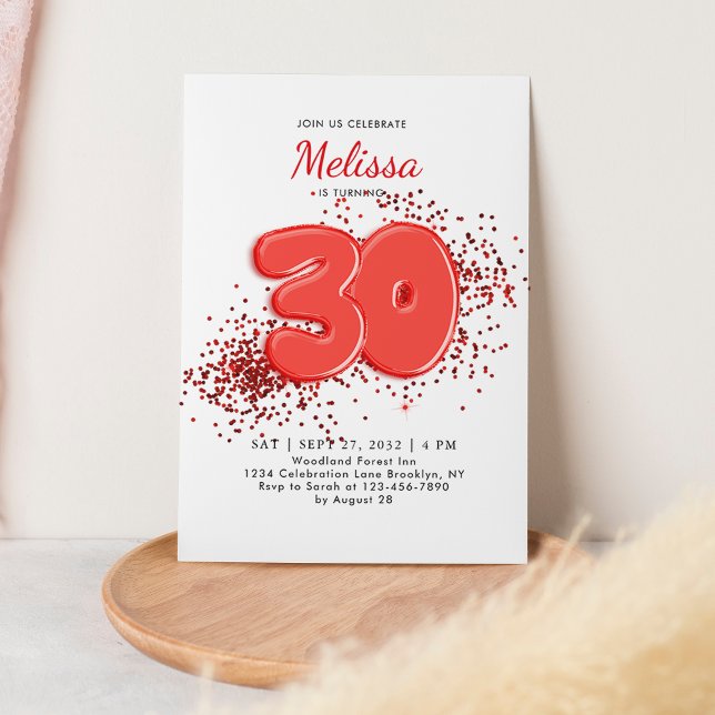 Red 30th Balloons Confetti Adult Birthday Invitation (Creator Uploaded)