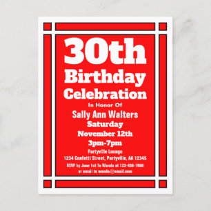 Red 30th Birthday Invitation Postcard