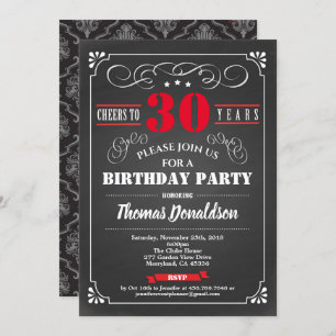 Red 30th birthday party chalkboard retro invitation