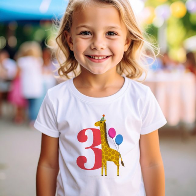 Red 3 Big Year Birthday Party Giraffe T-Shirt (Party Animals 3rd Birthday t-shirt with giraffe wearing a party hat and holding colorful balloons)
