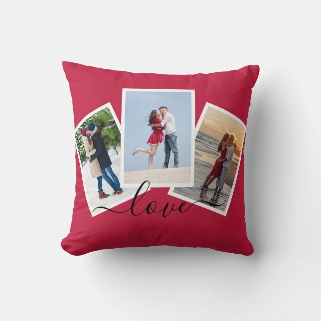 Red 3 Photo Collage Modern Script Love Cushion (Front)