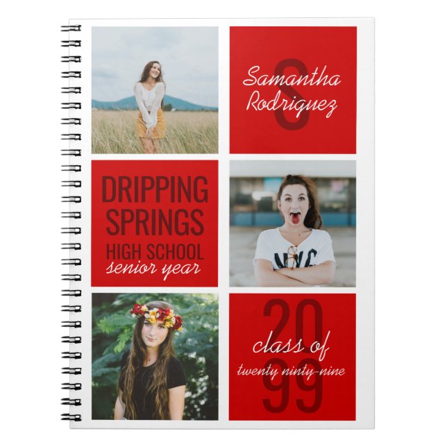 Red 3-Photo Fun Boxes Class Year Notebook (Front)