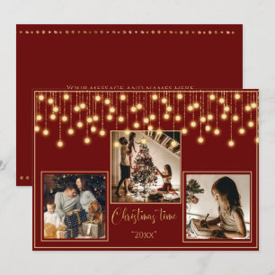 Red 3 Photos Christmas Time Gold Holiday Card