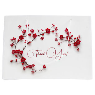 Red 3D Cherry Blossoms White Thank You Large Gift Bag