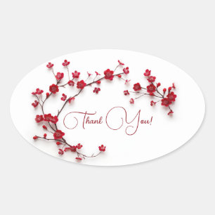 Red 3D Cherry Blossoms White Thank You Oval Sticker