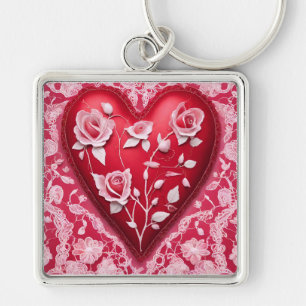 Red 3d heart roses floral lace pattern key ring