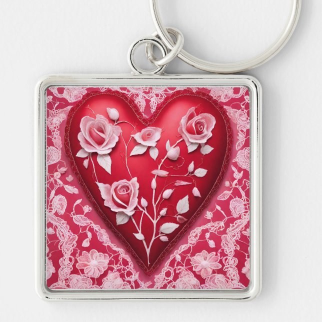 Red 3d heart roses floral lace pattern  key ring (Front)