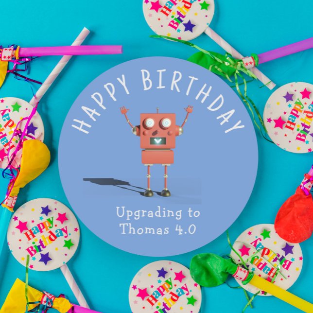 Red 3D robot kids birthday party Classic Round Sticker (Creator Uploaded)