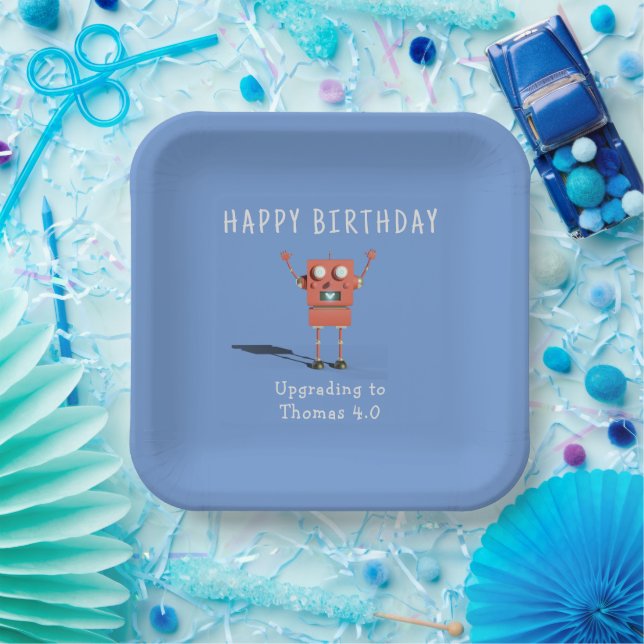 Red 3D robot kids birthday party Paper Plate (Party)