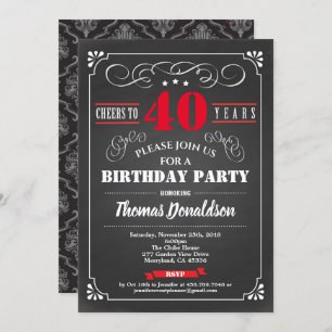 Red 40th birthday party chalkboard retro invitation