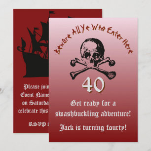 Red 40th Birthday Skull and Crossbones Pirate Ship Invitation