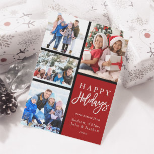 Red 4 Photo Collage Modern Happy Holidays Holiday Card
