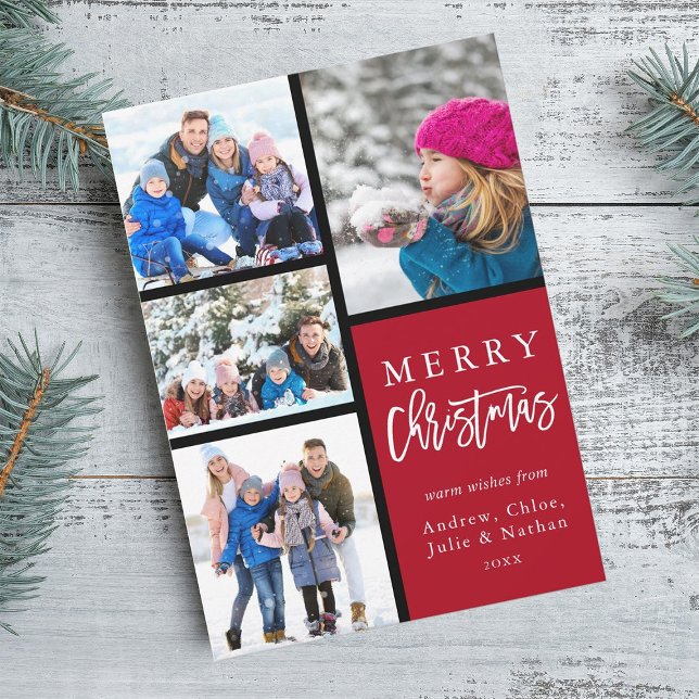 Red 4 Photo Collage Modern Merry Christmas Holiday Card (Creator Uploaded)