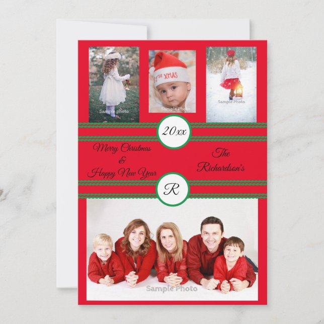 Red 4 Photo Personalised Holiday Card (Front)