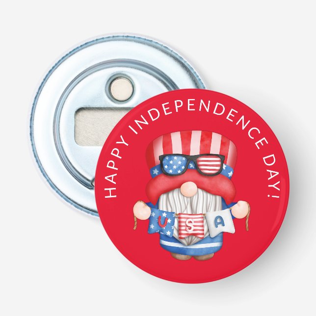 Red 4th of July Gnome Independence Day Bottle Opener (Front)
