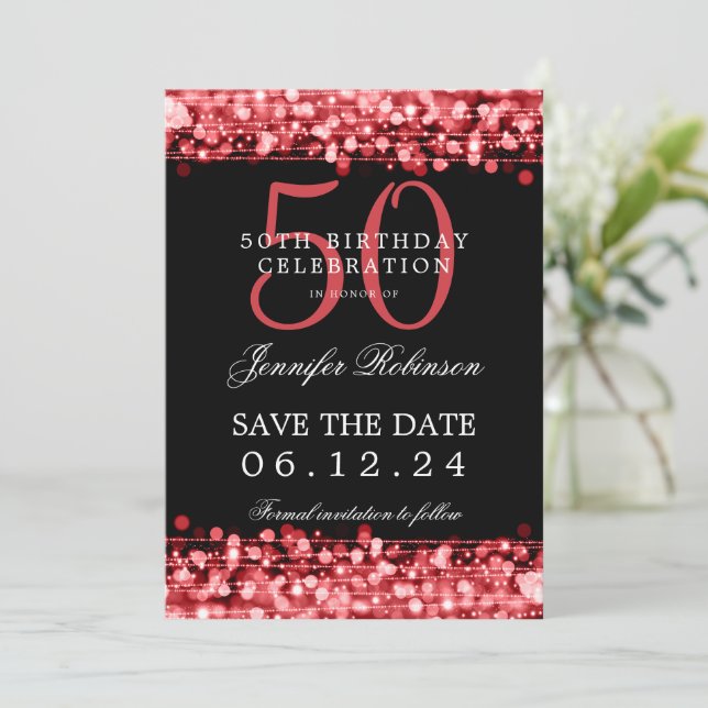 Red 50th Birthday Party Save the Date  Invitation (Standing Front)