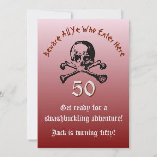 Red 50th Birthday Skull and Crossbones Pirate Ship Invitation