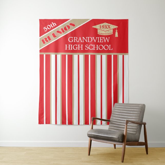 Red 50TH Class Reunion Photo Backdrop Tapestry (In Situ)