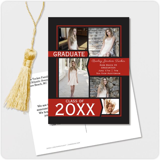 Red 5-Photo Collage Graduation Announcement Postcard (Creator Uploaded)