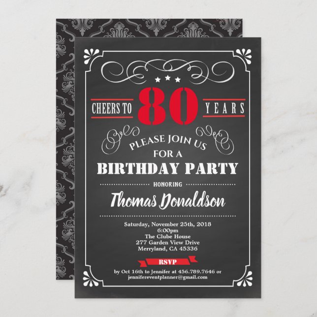 Red 80th birthday party chalkboard vintage invitation (Front/Back)