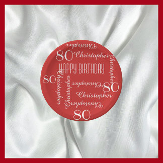 Red 80th Birthday Party Repeating Name Paper Plate