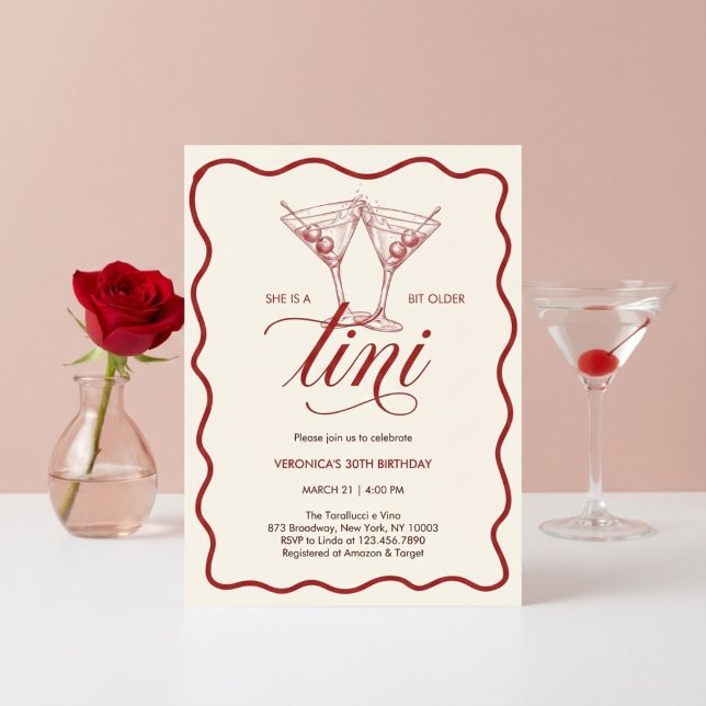 Red A Tini Bit Older Adult Birthday Party Invitation (A Tini Bit Older Martini Birthday Party • Red Cocktail Theme)