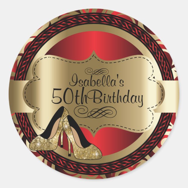 Red Abstract 00th Birthday Gold High Heels Classic Round Sticker (Front)