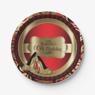 Red Abstract 00th Birthday Gold High Heels Paper Plate