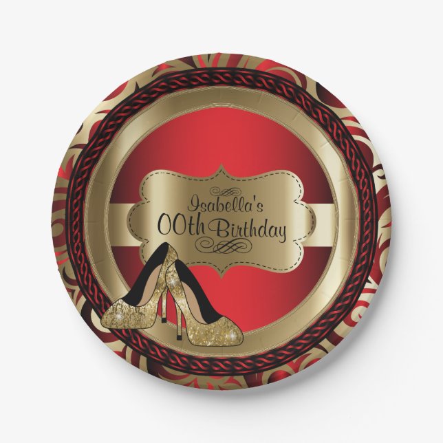 Red Abstract 00th Birthday Gold High Heels Paper Plate (Front)