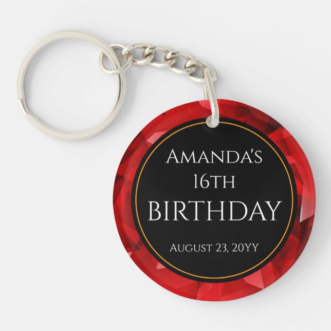 Red Abstract Crystal Design Birthday Custom Text Key Ring (Front)