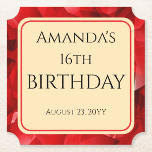 Red Abstract Crystal Design Birthday Custom Text Paper Coaster