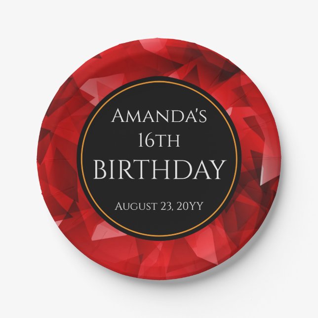 Red Abstract Crystal Design Birthday Custom Text Paper Plate (Front)