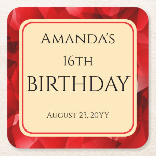 Red Abstract Crystal Design Birthday Custom Text Square Paper Coaster