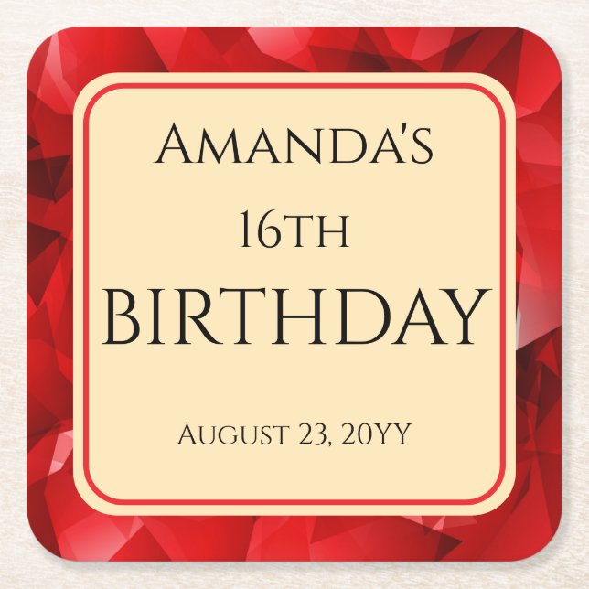 Red Abstract Crystal Design Birthday Custom Text Square Paper Coaster (Front)