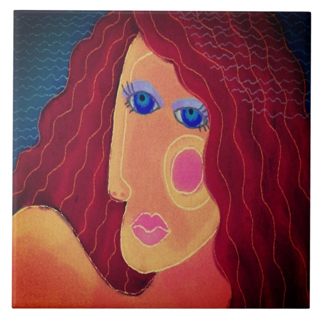 Red Abstract Digital Portrait of a Woman Ceramic Tile (Front)