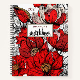Red Abstract Floral 2021 Personalised Sketchbook Notebook