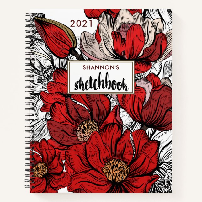 Red Abstract Floral 2022 Personalised Sketchbook Notebook (Front)
