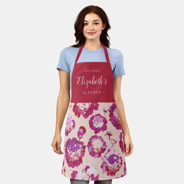Red abstract floral pattern personalised cooking apron (Worn)