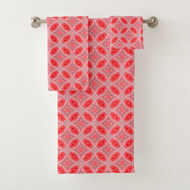 Red Abstract Flower Forms Bath Towel Set (Insitu)