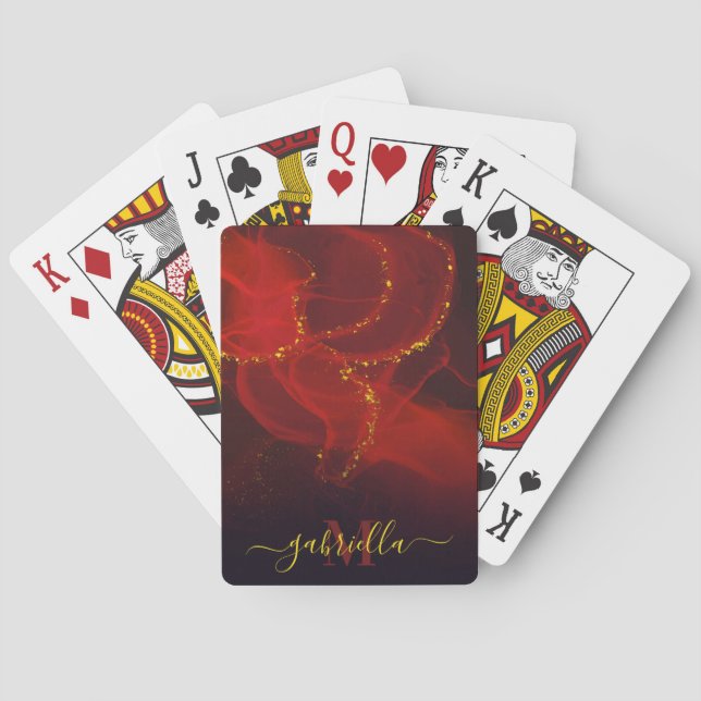 Red Abstract Gold Glitter Playing Cards (Back)