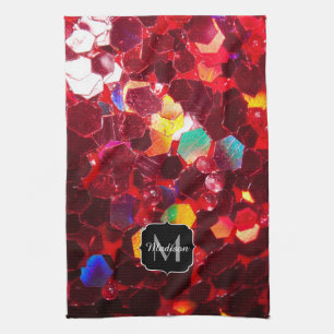 Red abstract mosaic shiny glitter Monogram Towel