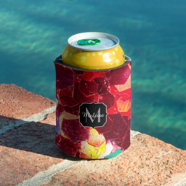 Red abstract mosaic shiny glitter pattern Monogram Can Cooler (In Situ Pool)