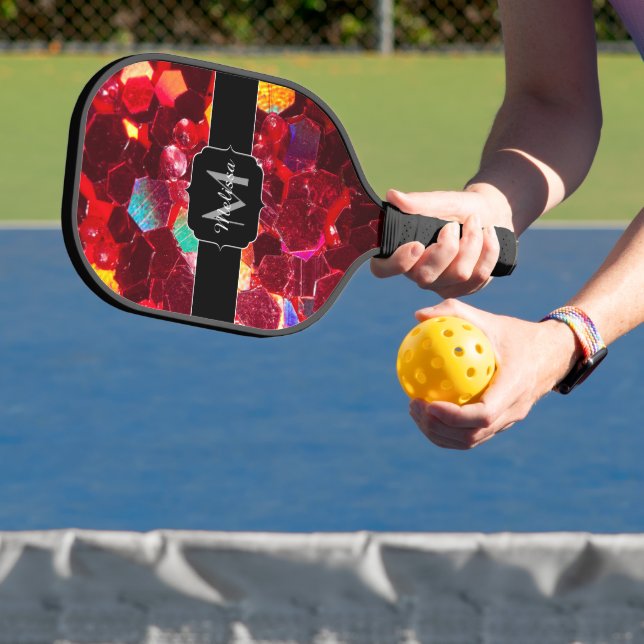 Red abstract mosaic shiny glitter pattern Monogram Pickleball Paddle (Insitu)