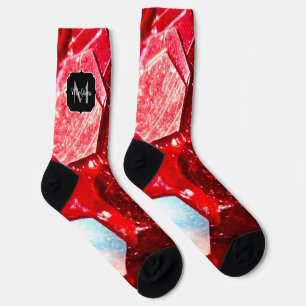 Red abstract mosaic shiny glitter pattern Monogram Socks