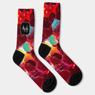 Red abstract mosaic shiny glitter pattern Monogram Socks