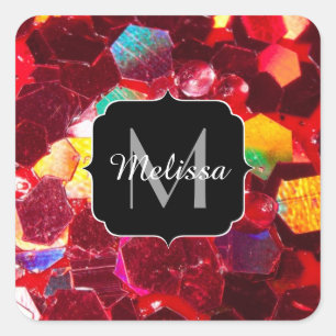 Red abstract mosaic shiny glitter pattern Monogram Square Sticker