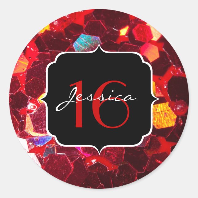Red abstract mosaic shiny glitter pattern Sweet 16 Classic Round Sticker (Front)