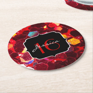 Red abstract mosaic shiny glitter pattern Sweet 16 Round Paper Coaster